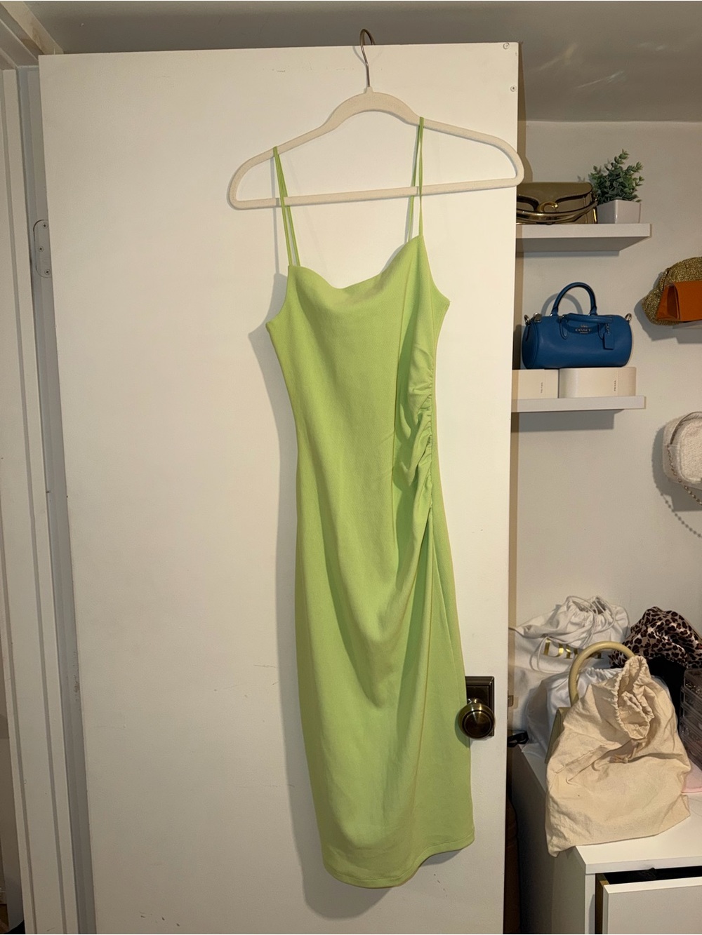 Zara Lime Green Slip Midi Dress with Side Ruching